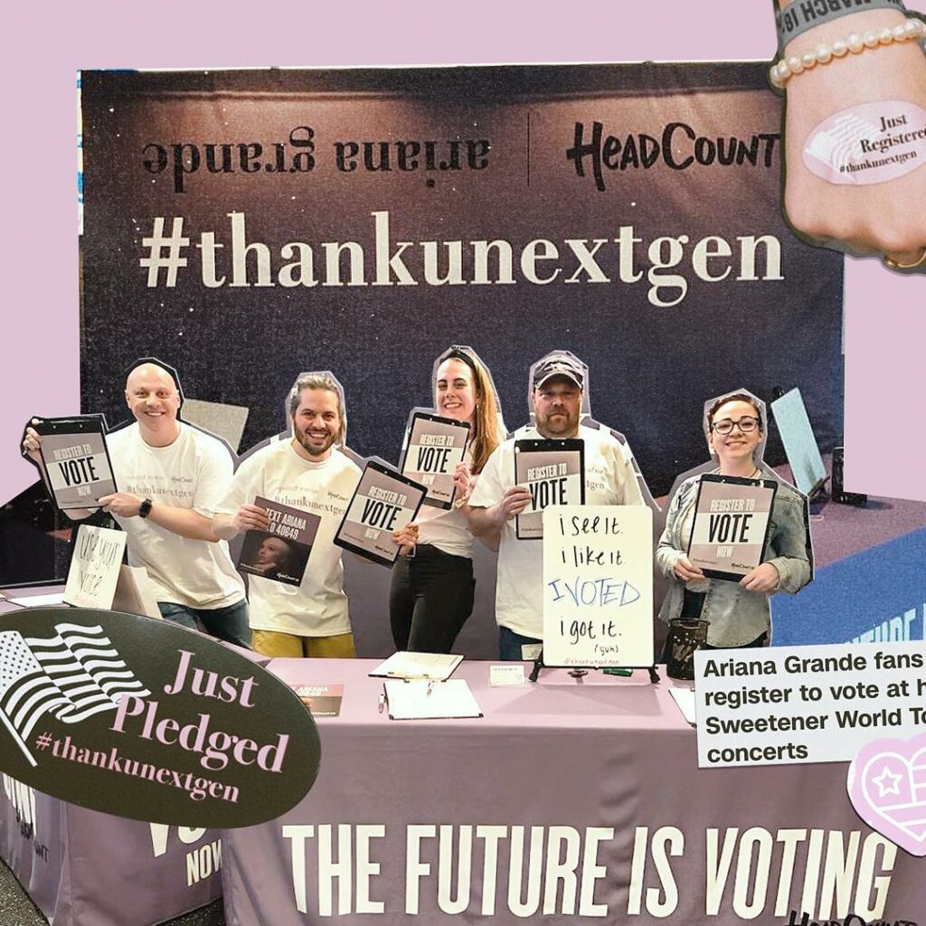 Ariana Grande: yeeeee. so excited to partner w @headcountorg to bring voter registration & part… yeeeee. so excited to partner w @headcountorg to bring voter registration & part...