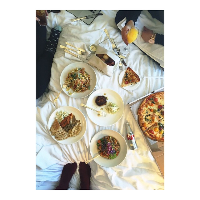 bed picnic with the glam squad // pizza at 10am // blame it on the morning shows...