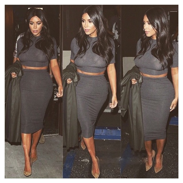 Last nights look- Kardashian Kollection grey top and skirt, Lanvin coat, Saint L...