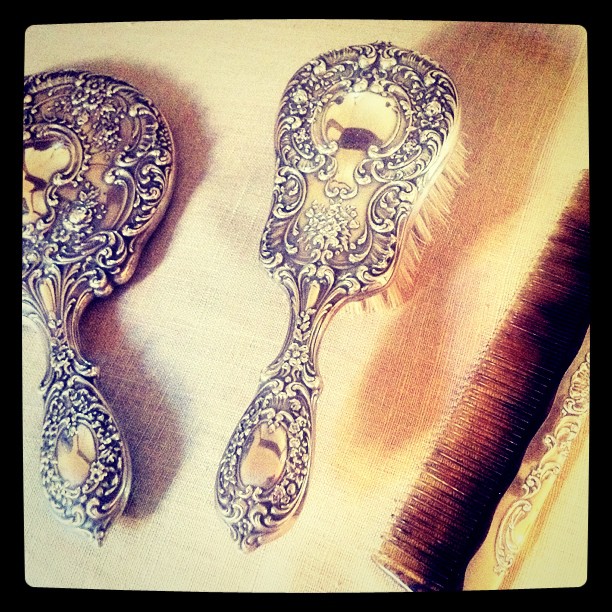 vintage silver vanity set;...