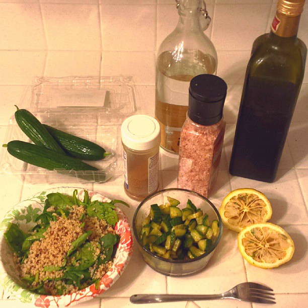 Made simple dinner after cardio barre for me + roomie. Mexican quinoa on a bed o...