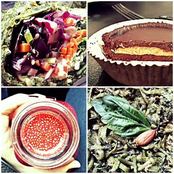 All raw dinner picnic in the hair salon! Spirulina wrap, kale pesto zucchini org...