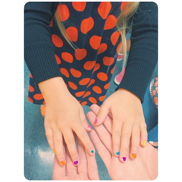 this is my new tiny friend Aveda and she did her rainbow nails herself. #littleh...