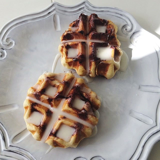 it's the new thing. cinnamon roll waffles made by yours truly...