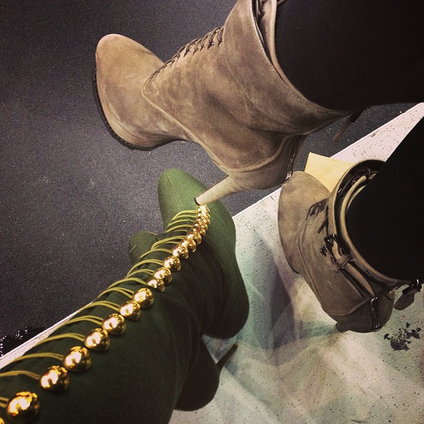 tonight's shoe game @khloekardashian in the green loubs, me in my new Alaia's #c...