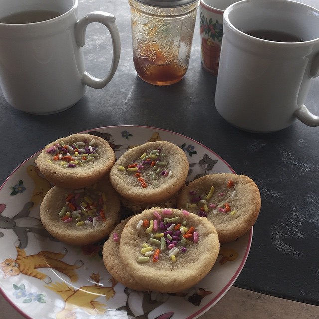 Tea time with my little lovely.  Wild raw honey, organic cookies and sprinkles, ...