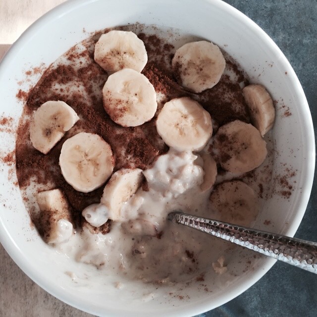 Monday morning breakfast. Organic oatmeal made with whole milk, bananas and cinn...