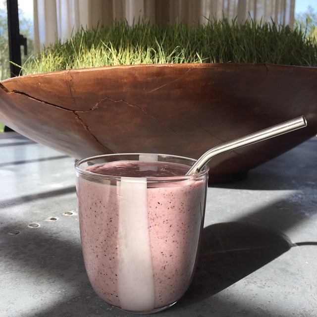 My morning shake: banana, blueberries, chia seeds, bee pollen, almonds, rose wat...