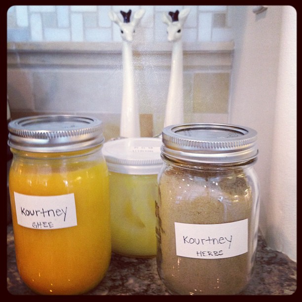 Ghee,herbs and vintage giraffe salt and pepper shakers!...