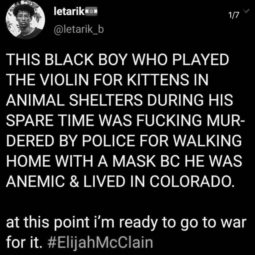 the world owes #elijahmcclain. a true tragedy, true evil. a 23 year old sensitiv...