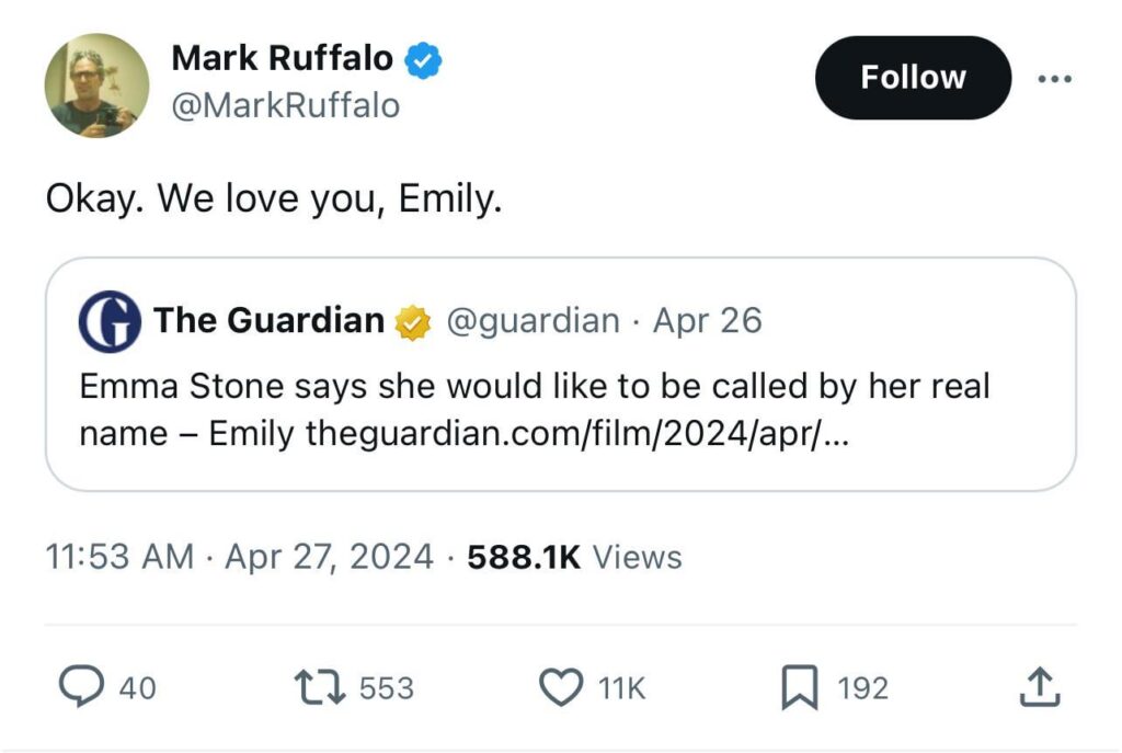 Truly breaking news but I thought this Mark Ruffalo post acknowledging Emily (Emma) Stone was adorable Truly breaking news but I thought this Mark Ruffalo post acknowledging Emily (Emma) Stone was adorable