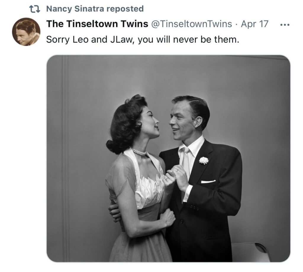 Nancy Sinatra reposts tweet in response to rumored casting of Leonardo DiCaprio as her father Frank Sinatra and Jennifer Lawrence as his wife Ava Gardner Nancy Sinatra reposts tweet in response to rumored casting of Leonardo DiCaprio as her father Frank Sinatra and Jennifer Lawrence as his wife Ava Gardner