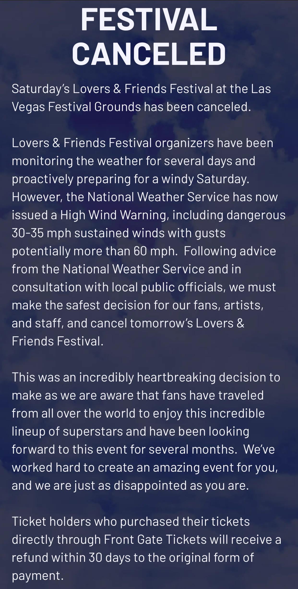 Lovers & Friends Festival 2024 has been canceled due to high wind warnings INBELLA
