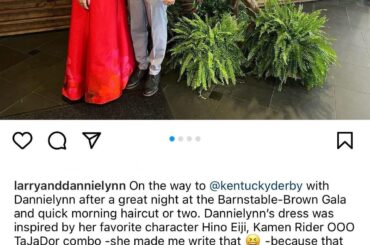 Anna Nicole Smith’s daughter, Dannielynn Birkhead, wore a Kamen Rider inspired dress to the Kentucky Derby today, accompanied by father Larry (May 4, 2024)
