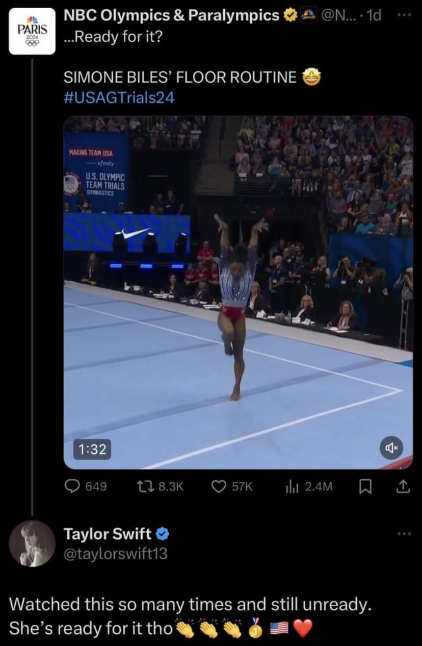 Taylor Swift reacts to Simone Biles using Ready For It as her floor