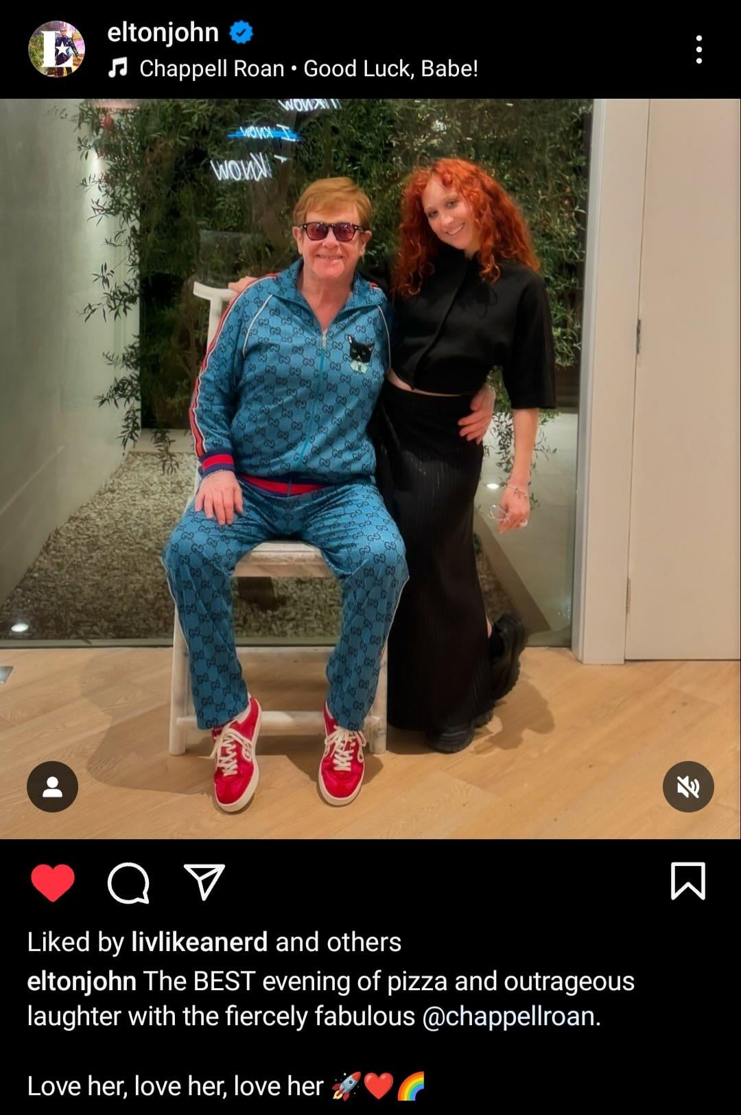 Elton John posting about his dinner with Chappell Roan INBELLA