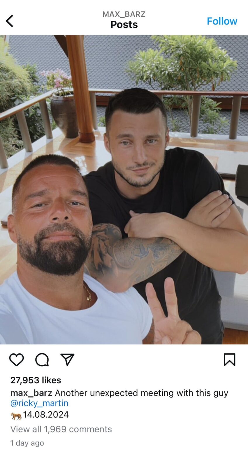 Max Barz, the adult film star who allegedly had an affair with Ricky Martin—believed to be the reason for Martin’s divorce from Jwan Yosef—posted this photo on Instagram