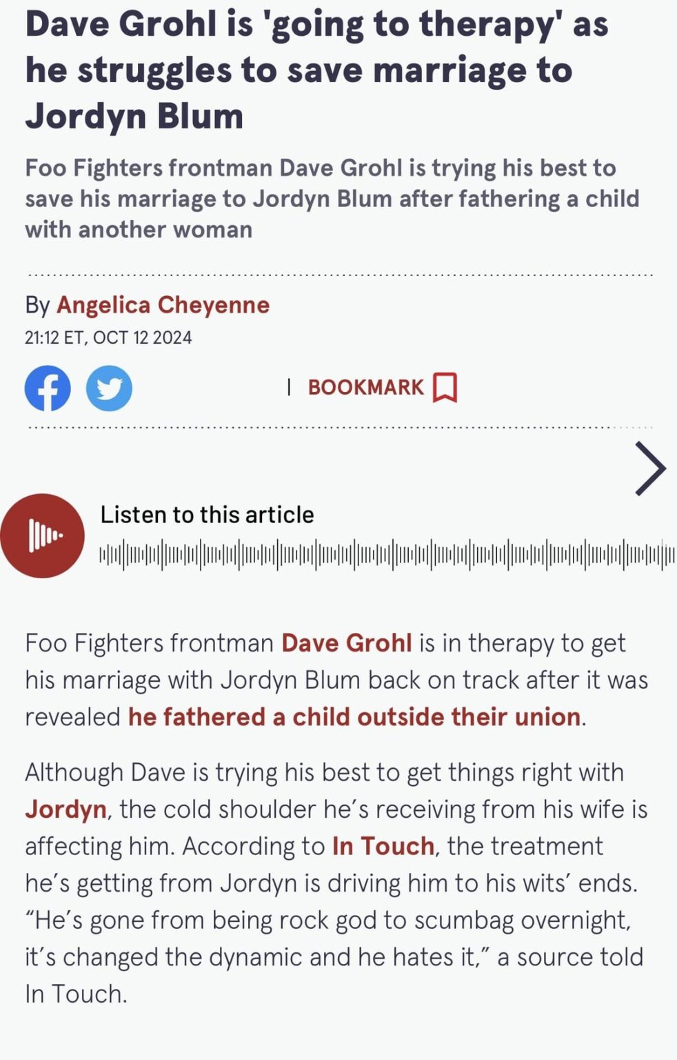 Dave Grohl is going to therapy to save his marriage and is frustrated with the situation.