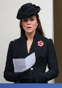Catherine, Duchess of Cambridge attends the annual Remembrance Sunday Service in Alexander McQueen wool coat at the Cenotaph on Whitehall on Nov. 9, 2014 in London, United Kingdom.