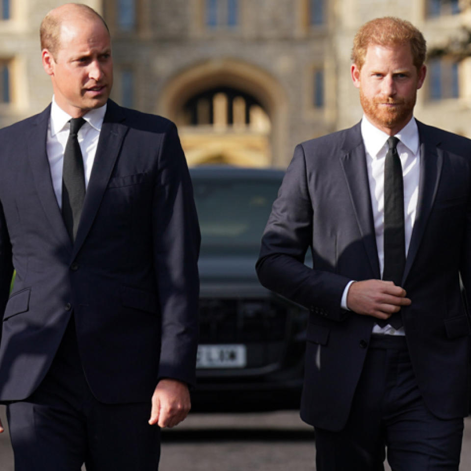 Prince William and Prince Harry wear black suits, and Princess Diana's ancestral home of Althorp House.