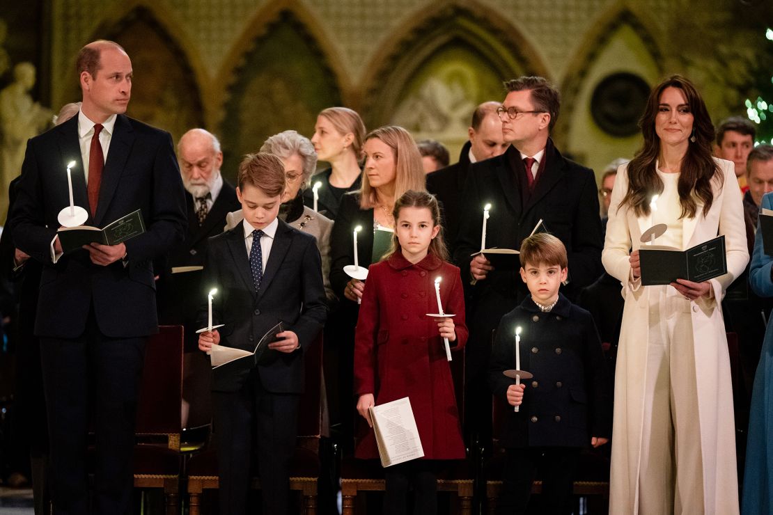 Prince William, Prince of Wales, Prince George, Princess Charlotte, Prince Louis and Catherine, Princess of Wales during the 
