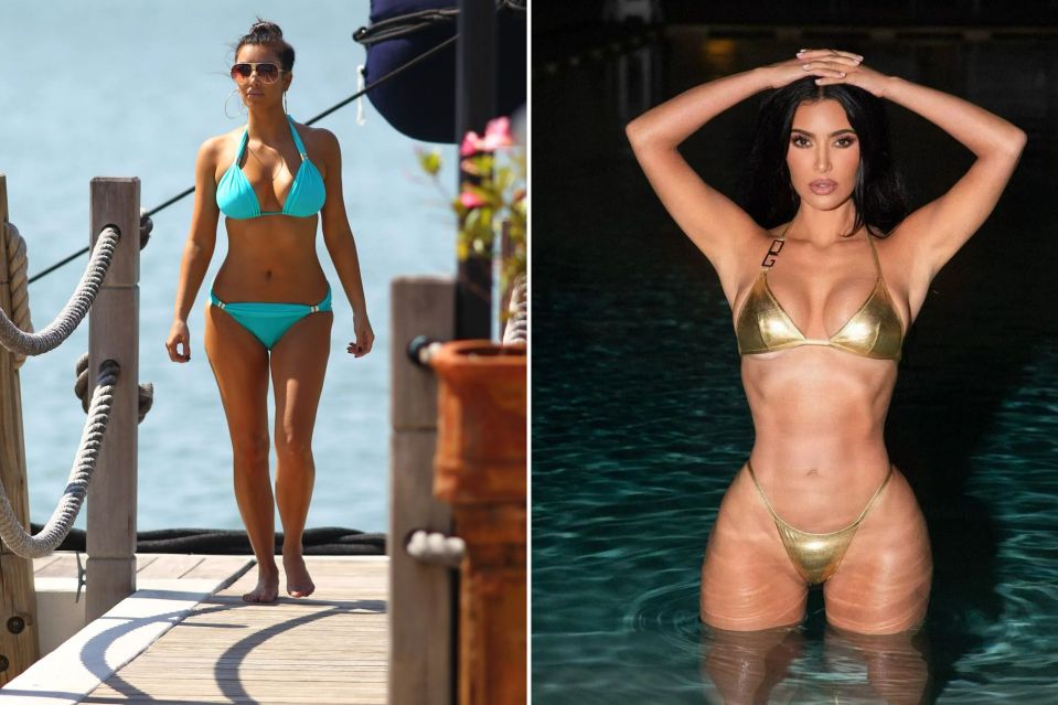 Collage of Kim Kardashian in two different bikinis.