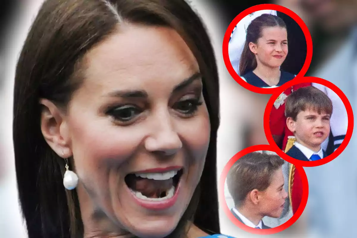 Close-up of Kate Middleton with a surprised face and an image of her three children in red circles next to her. Close-up of Kate Middleton with a surprised face and an image of her three children in red circles next to her.