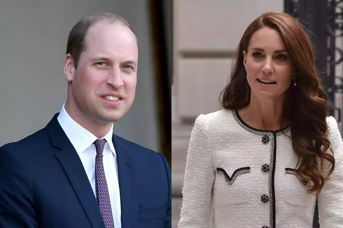 Montage of Prince William smiling in a suit on the street and next to it a photo of Kate Middleton dressed formally on the street with her mouth open