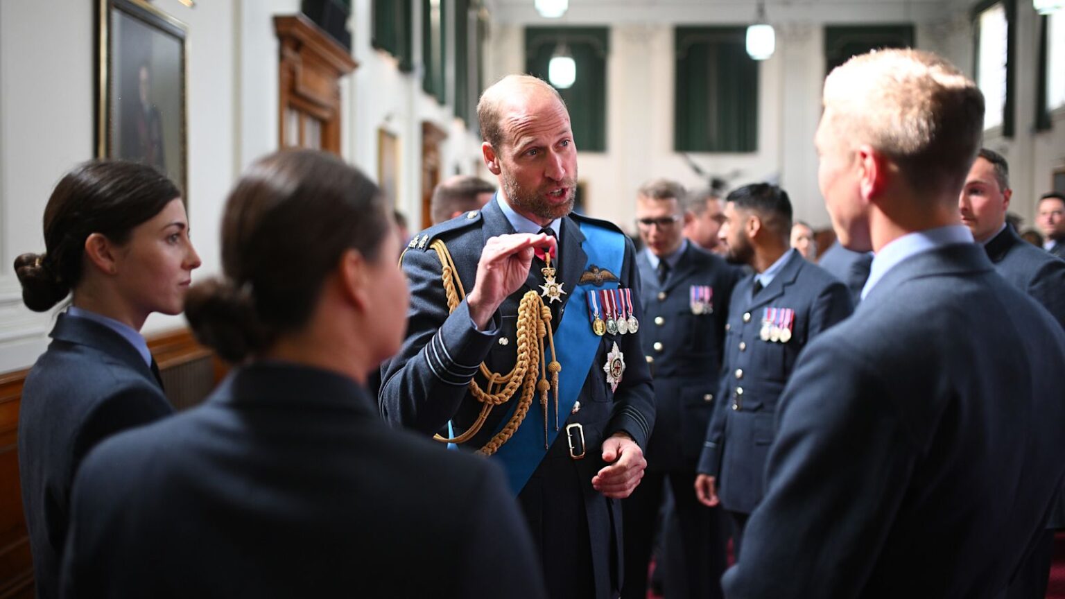Prince William congratulates officers at RAF Cranfield in Lincolnshire