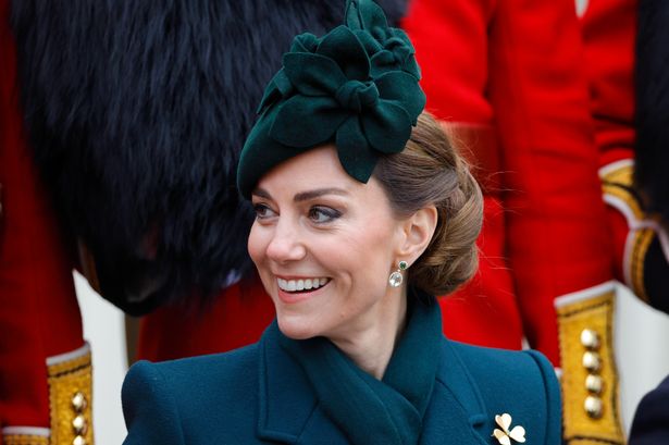 Catherine, Princess of Wales (in her role as Colonel of the Irish Guards) attends the 2025 St. Patrick's Day Parade at Wellington Barracks on March 17, 2025 in London, England. (Photo by Max Mumby/Indigo/Getty Images)