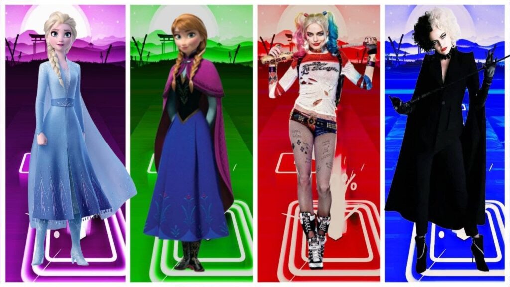 Frozen 2 Elsa and Anna vs Harley Quinn vs Cruella(Emma Stone) - Tiles Hop EDM Rush