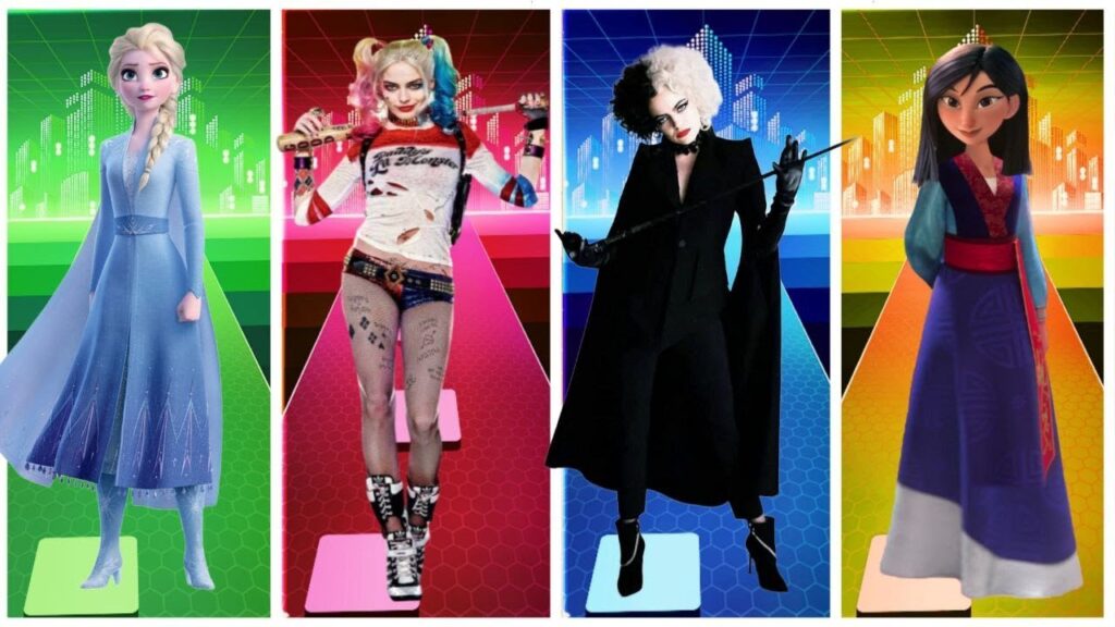 Frozen 2 Elsa vs Harley Quinn vs Cruella(Emma Stone) vs Mulan - Tiles Hop EDM Rush