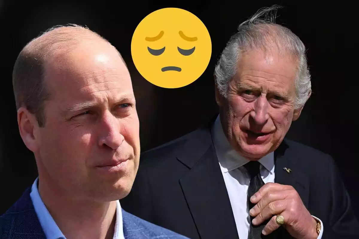 Montage of Prince William serious looking to the side, King Charles III holding his black tie and a sad emoji Montage of Prince William serious looking to the side, King Charles III holding his black tie and a sad emoji