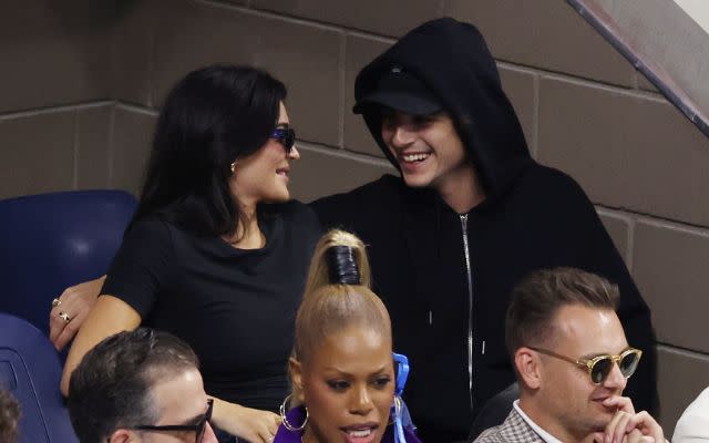 NEW YORK, NEW YORK - SEPTEMBER 10: Kylie Jenner and actor Timothée Chalamet look on during the Men's Singles Final match between Novak Djokovic of Serbia and Daniil Medvedev of Russia on Day Fourteen of the 2023 US Open at the USTA Billie Jean King National Tennis Center on September 10, 2023 in the Flushing neighborhood of the Queens borough of New York City. (Photo by Mike Stobe/Getty Images)