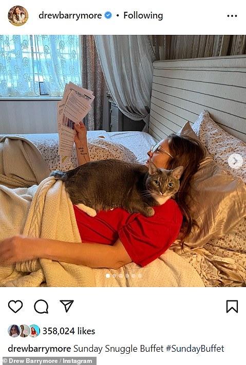 'Sunday Snuggle Buffet' wrote next to the post as as she lay in bed with her cat Lucky purring on her chest while reading papers to prepare for the upcoming week on The Drew Barrymore Show