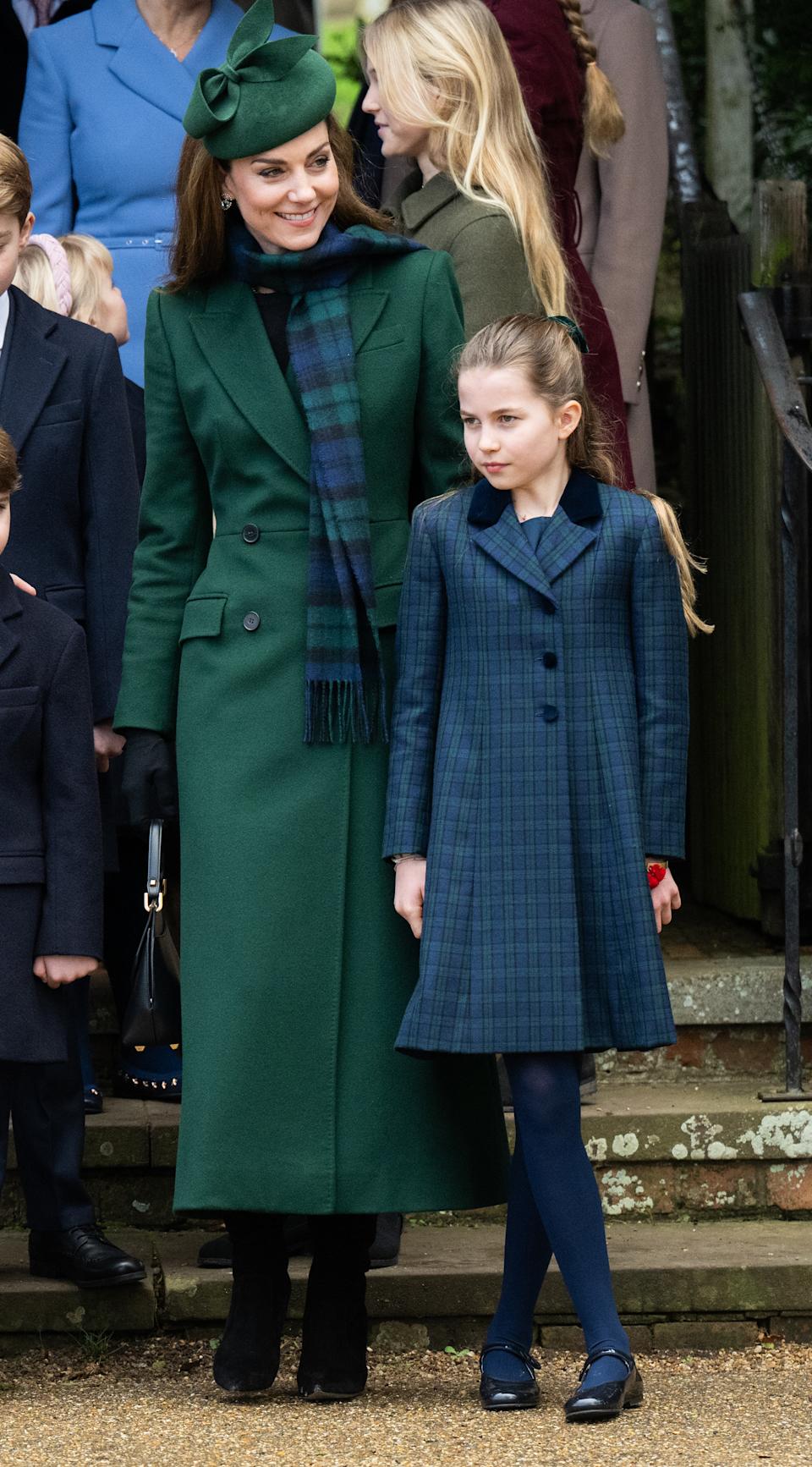 Kate Middleton and Princess Charlotte coordinating in blue and green plaid on Christmas Day 2024
