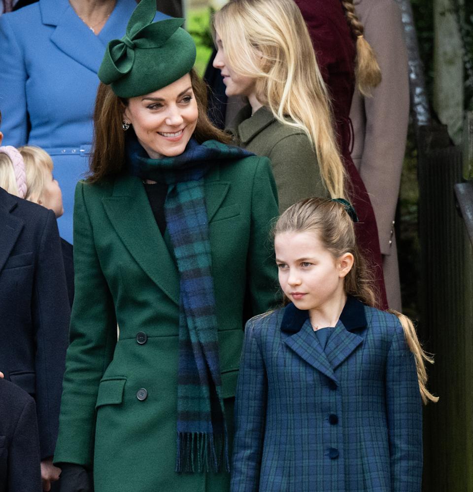 Kate Middleton and Princess Charlotte coordinating in blue and green plaid on Christmas Day 2024.