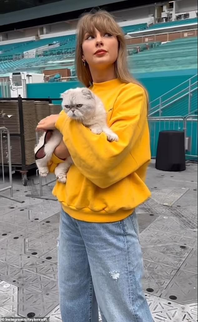 Taylor Swift holding onto her cat Olivia as she pulled off her black sunglasses slowly and looked around the at Hard Rock Stadium in Miami, Florida in October