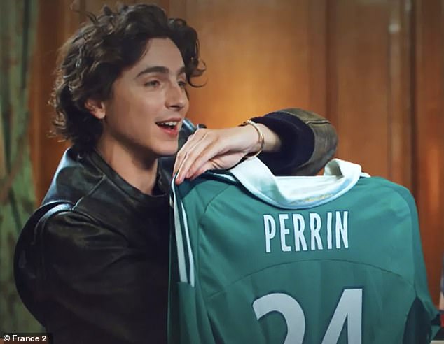 Chalamet with St Etienne football jersey for former player Loïc Bruno Perrin. He has supported the team since he was a child