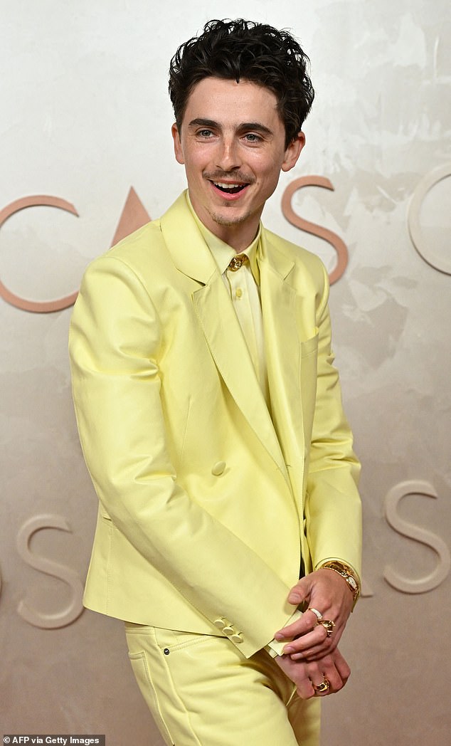 French and US actor Timothee Chalamet, 29, at the Oscar Awards in Hollywood, California on Sunday where he was nominated for Best Actor for playing Bob Dylan in A Complete Unknown
