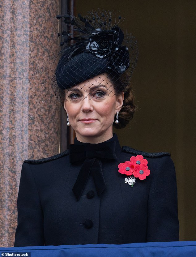 Joining the royal family for the National Service of Remembrance, Kate wore a black, military-inspired coat dress by Catherine Walker, which featured a large, velvet bow at the collar, and a Juliette Botterill black fascinator with a lace veil in November 2024