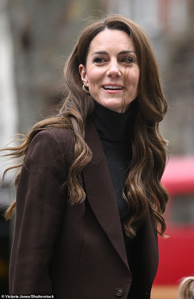 Embracing her signature structured silhouette, Kate chose a tailored blazer by Petar Petrov and wide-legged pinstripe trousers from Maxmara as she stepped out at the National Portrait Gallery in 2025