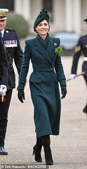 The Princess of Wales during the 2025 Irish Guards' St. Patrick's Day Parade at Wellington Barracks in London