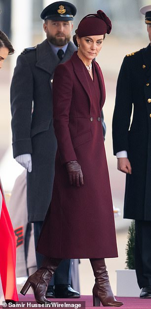 Kate attends the Ceremonial Welcome at Horse Guards Parade during day one of The Amir of the State of Qatar's visit to the UK on December 03, 2024