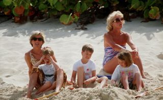 Princess Diana Prince Harry, Prince William and Frances Shand-Kydd wearing swimsuits on the beach on Necker Island in 1990