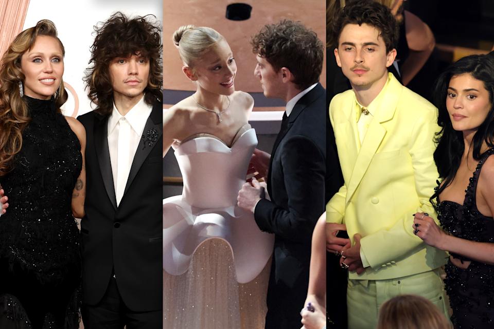 From left: Miley Cyrus and Maxx Morando; Ariana Grande and Ethan Slater; Timothée Chalamet and Kylie Jenner get cozy at the Oscars.