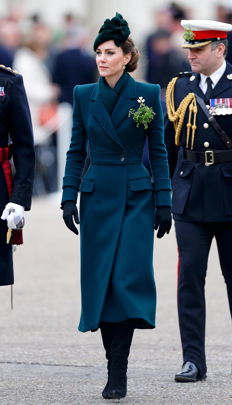 Catherine, Princess of Wales (in her role as Colonel of the Irish Guards) attends the 2025 St. Patrick's Day Parade at Wellington Barracks on March 17, 2025 in London, England.