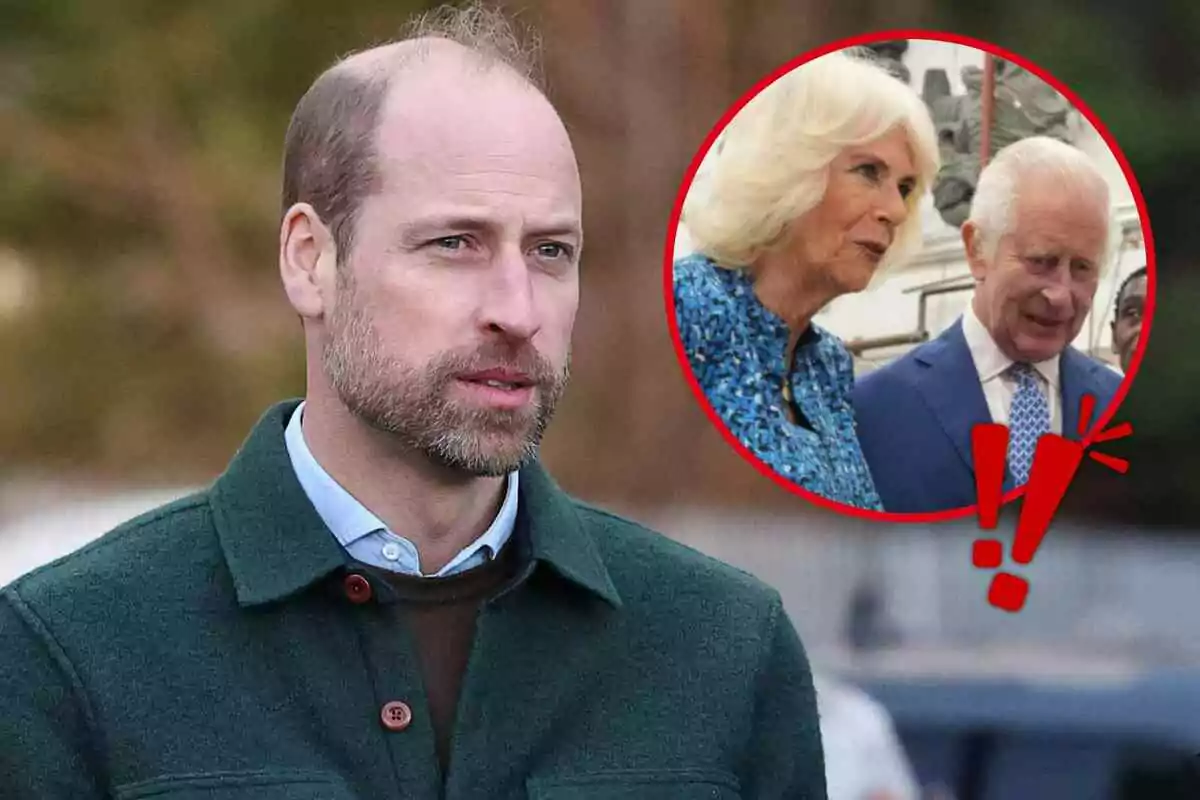 Prince William with a beard and a green coat appears in the foreground, while in a red circle in the upper right corner King Charles and Camille are seen conversing. Prince William with a beard and a green coat appears in the foreground, while in a red circle in the upper right corner King Charles and Camille are seen conversing.