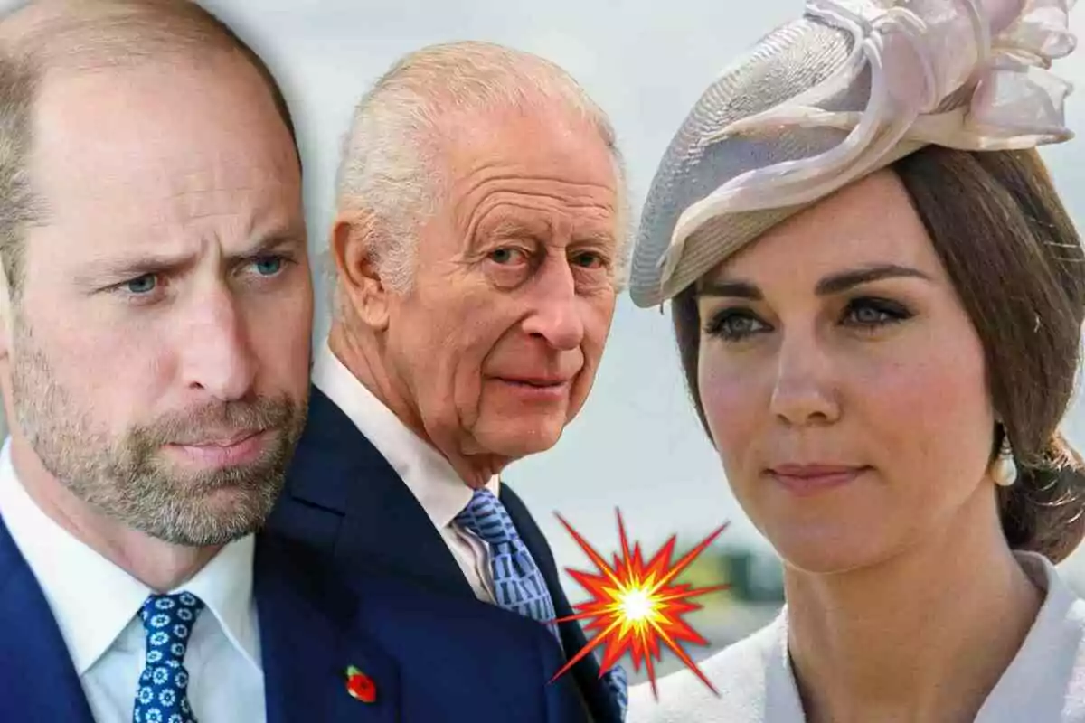 King Charles, prince William and Kate Middleton with serious expressions, Kate wearing a fancy hat, and there's an explosion graphic in the center. King Charles, prince William and Kate Middleton with serious expressions, Kate wearing a fancy hat, and there's an explosion graphic in the center.