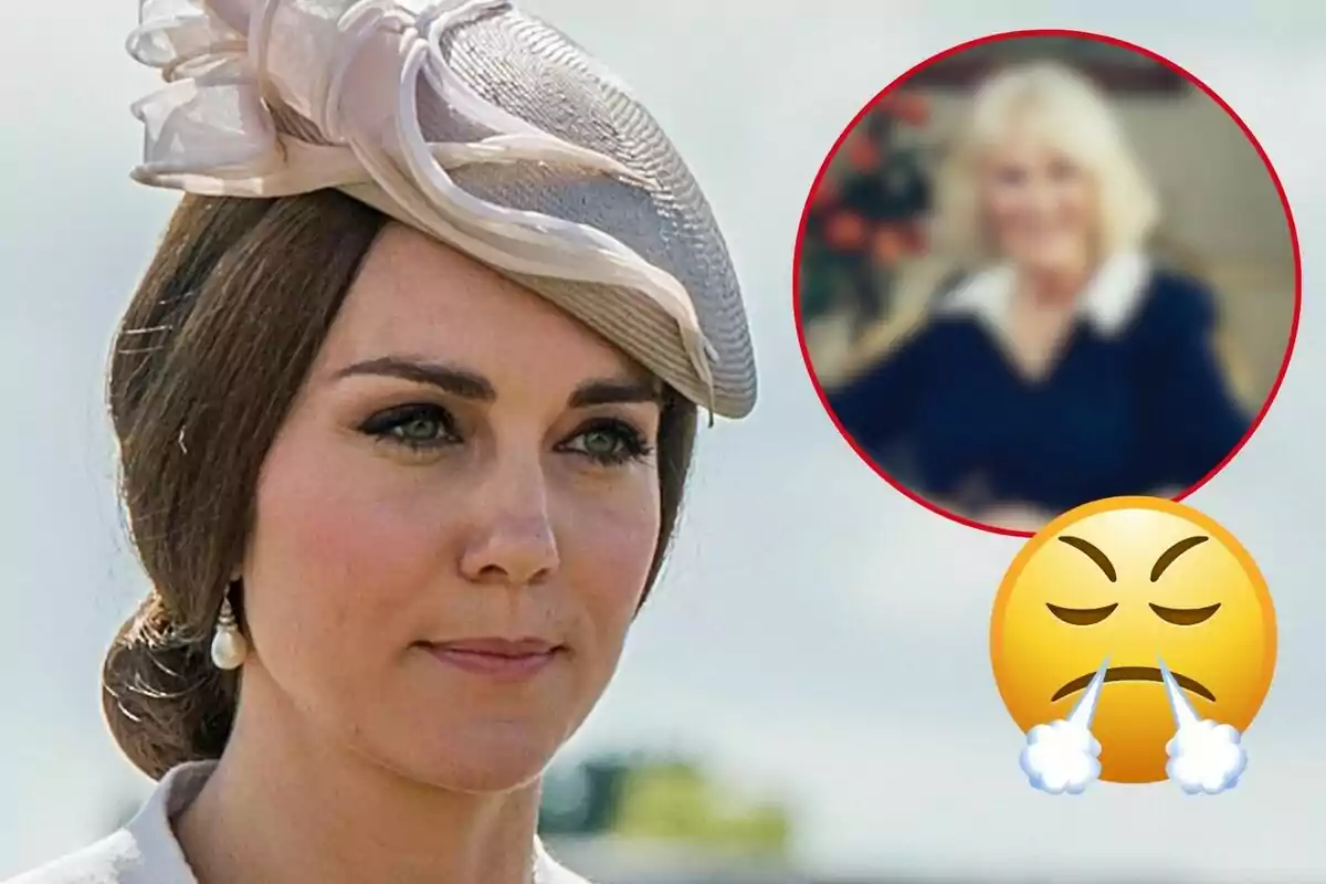 Kate Middleton in an elegant hat appears in the foreground while in the upper right corner there is a circle with a blurred image of another person and an angry emoji. Kate Middleton in an elegant hat appears in the foreground while in the upper right corner there is a circle with a blurred image of another person and an angry emoji.
